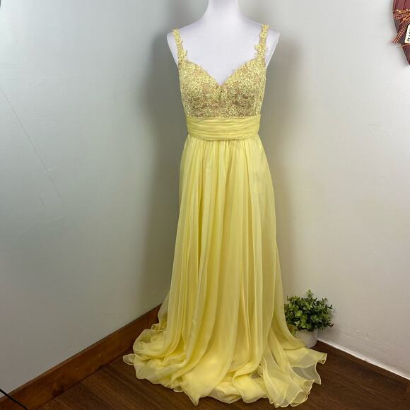 LA FEMME Lemon Yellow Lace & Chiffon GownEmbellished Dress Size 8 19882